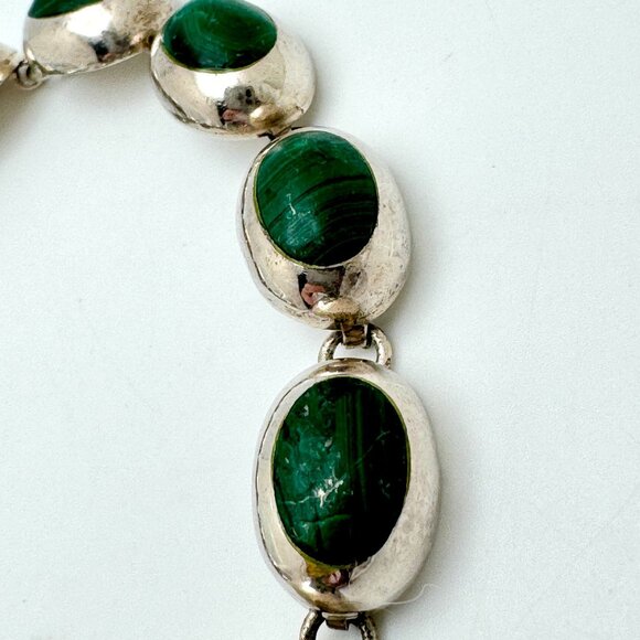 Vtg Mexico 925 Sterling Silver Malachite Bracelet 7.5 Oval Links Toggle Clasp - Picture 9 of 13